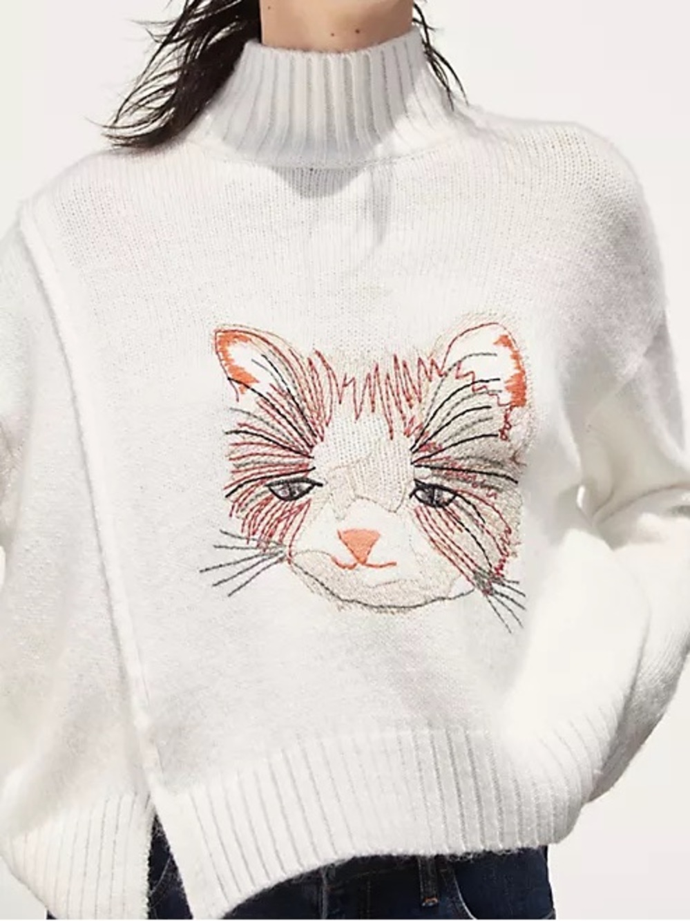 Anthropologie White Turtleneck Sweater with Embroidered Cat